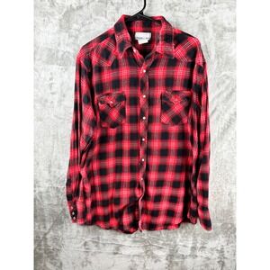 Wrangler Wrancher Men's Red Black Plaid Western Snap Shirt XLT Tall 100% Cotton